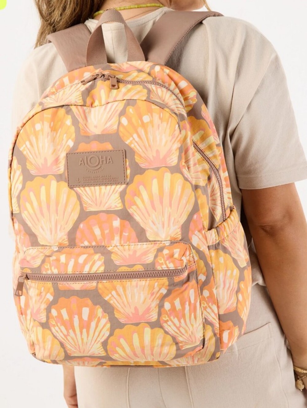 ALOHA Collection Sunrise Shell Print Backpack in Orange, Yellow & Brown NWOT